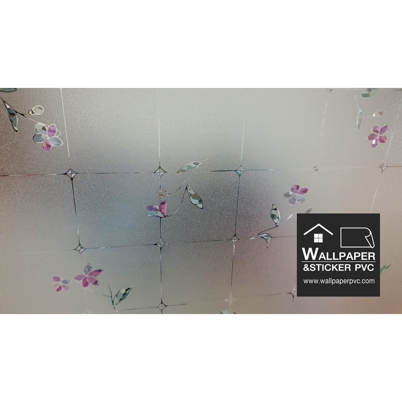 ฟิล์มติดกระจกสูญญากาศ SP0053 ดอกไม้สีม่วง ใบไม้สีเขียว